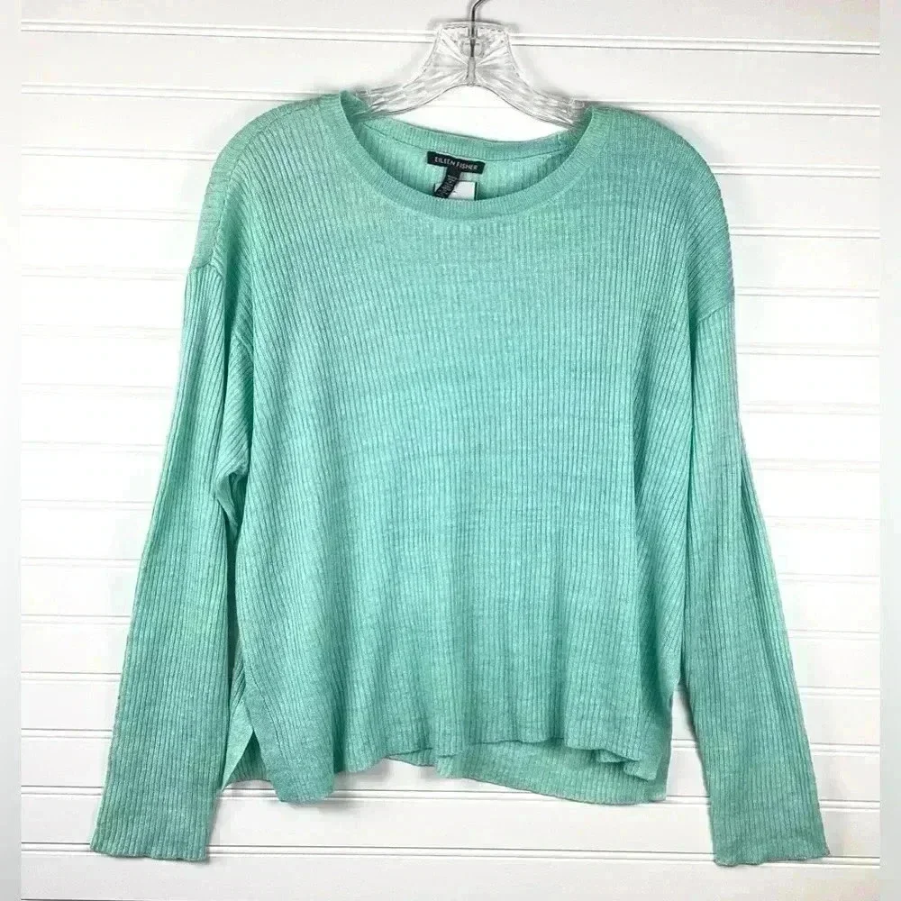 Eileen Fisher Mint Green Organic Linen Delave Round Neck Pullover size Medium